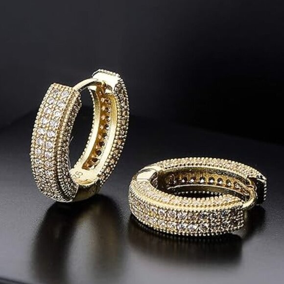 Women's Yellow Gold Huggie Cartilage Cubic Zirconia Cuff Luxury Hoop Earrings - Picture 2 of 4